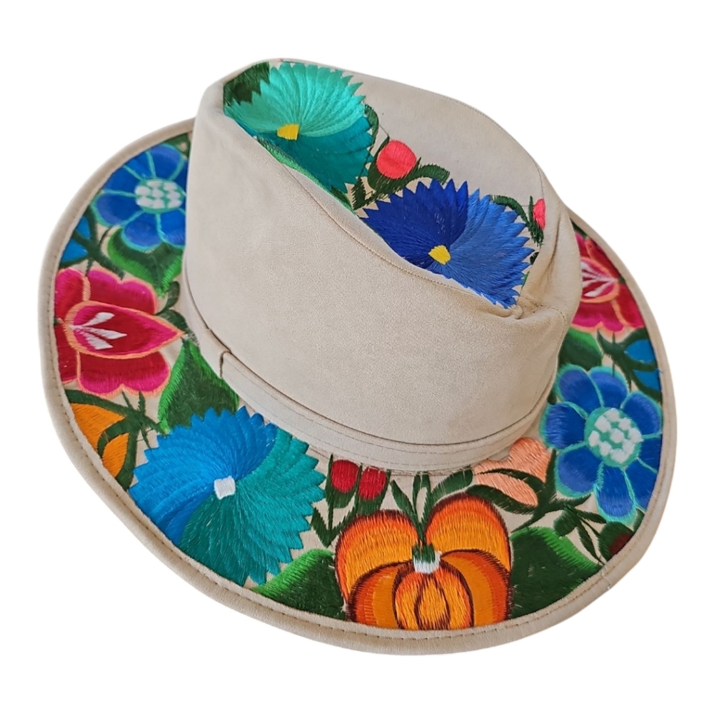 Suede Embroidered Floral Sun Hat - Made In Guatemala